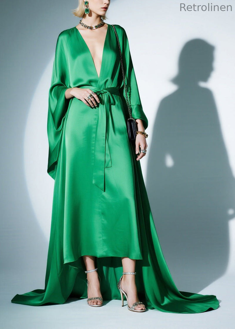 Boutique Green Tie Waist Exra Large Hem Silk Party Dresses Batwing Sleeve