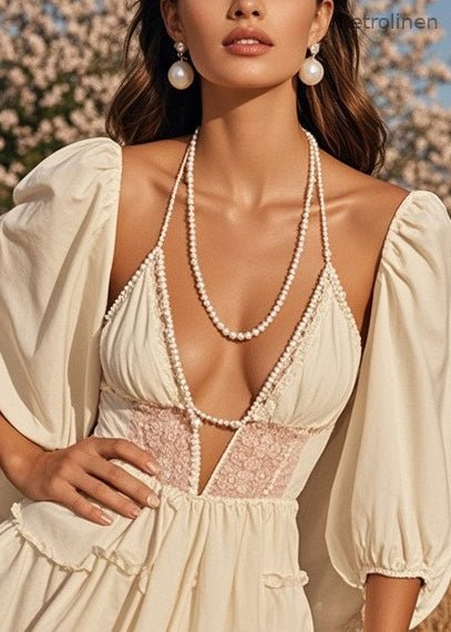 Style Beige Ruffled Patchwork Fine Pearl Cotton Two Pieces Set Summer