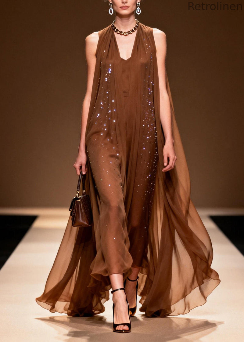 Classy Coffee V Neck Zircon Chiffon Robe Dresses Sleeveless