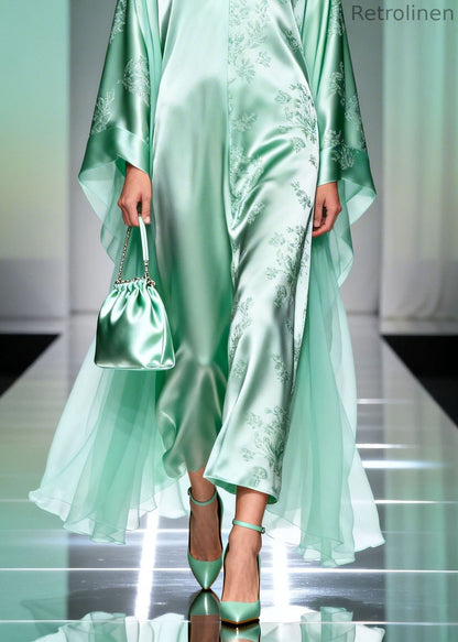 Classy Light Green V Neck Print Silk Long Dress Spring