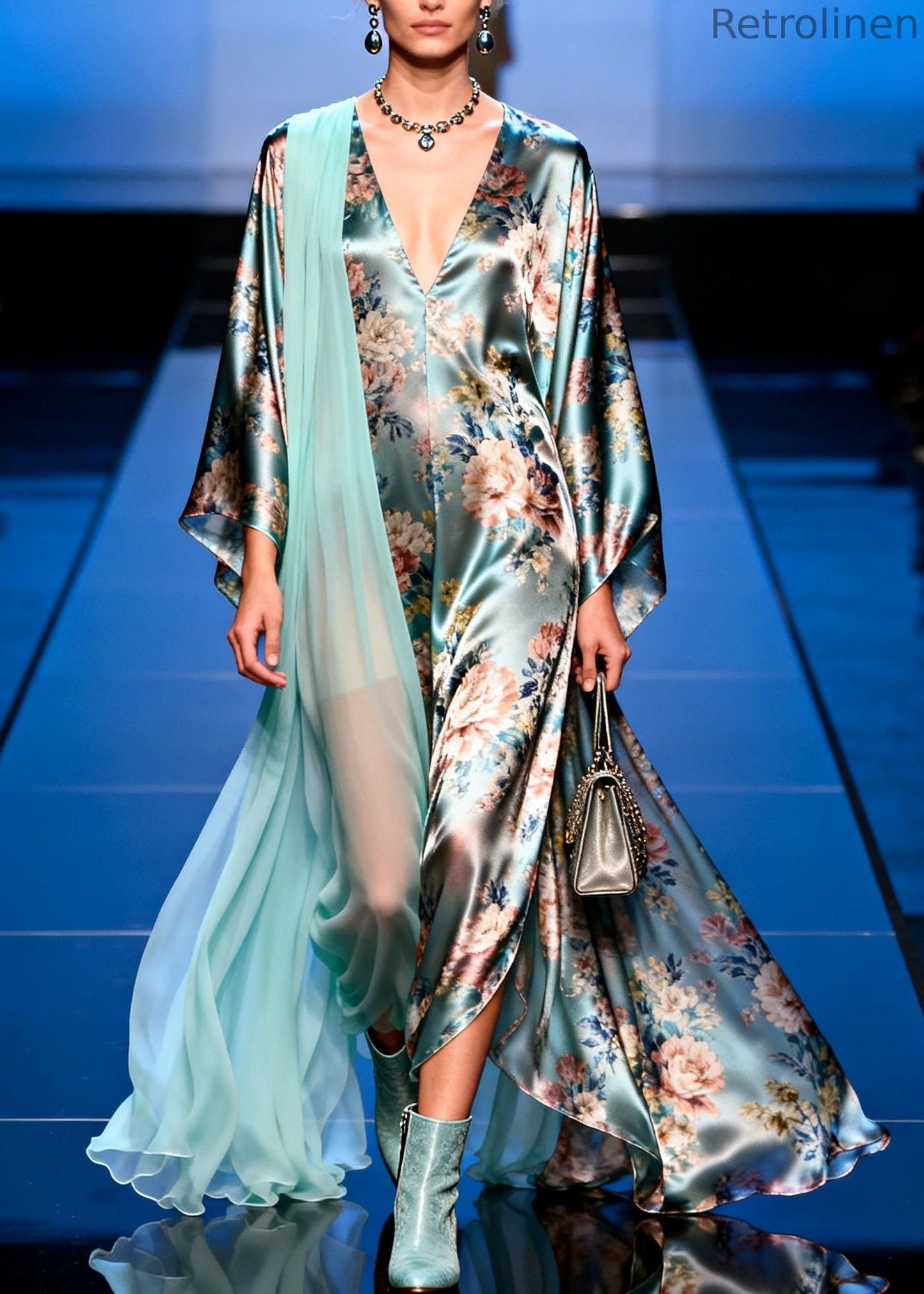 Unique V Neck Asymmetrical Design Patchwork Print Silk Dress Spring
