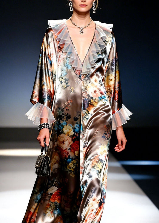 Modern V Neck Print Ruffled Patchwork Silk Dresses Spring