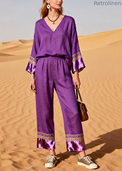 Organic Purple V Neck Patchwork Silk Cotton Two Piece Set Spring