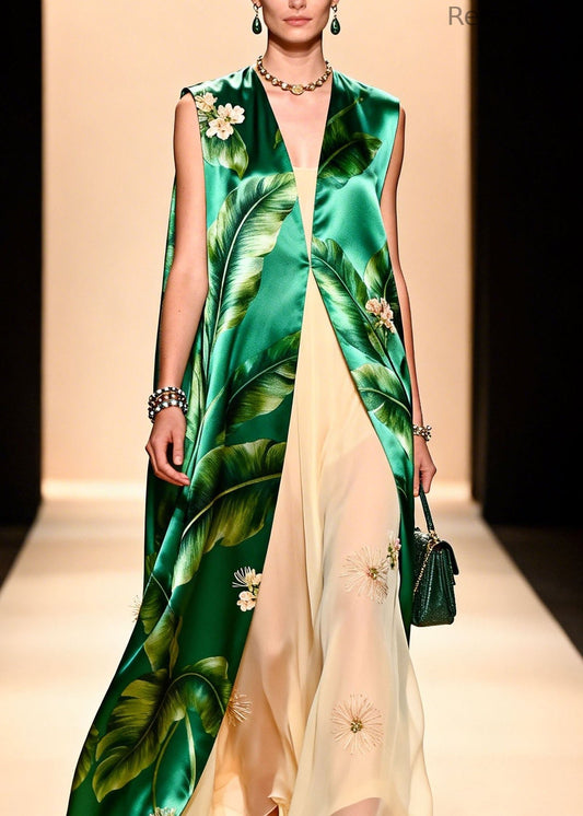 Italian Green Print Silk Cardigans and Chiffon Dresses Two Pieces Set Summer