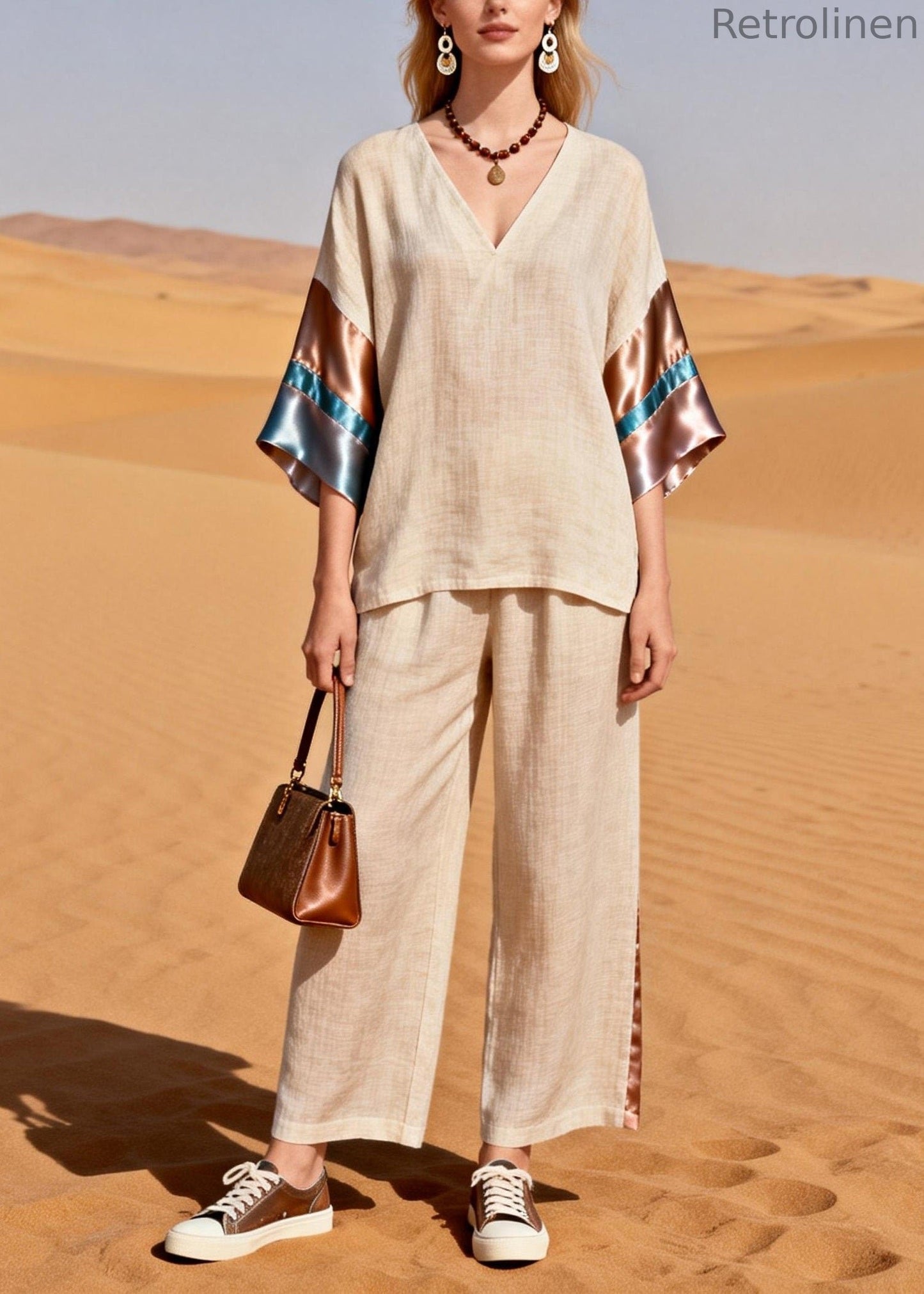 V Neck Silk Patchwork Linen Two Pieces Set Summer