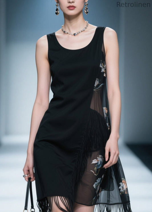 New Black O Neck Tassel Patchwork Cotton Dress Sleeveless