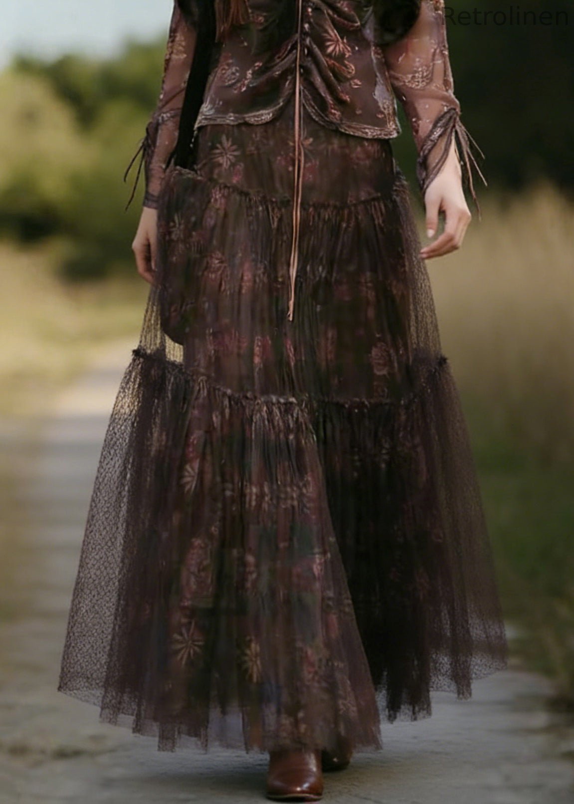Coffee Print Wrinkled Tulle Skirt Summer