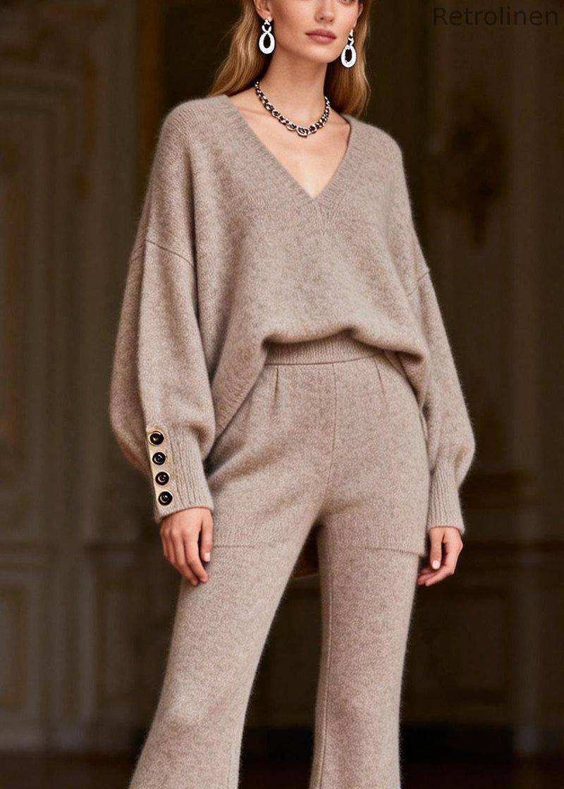 Oat Color V Neck Patchwork Cotton Knit Two Pieces Set Lantern Sleeve