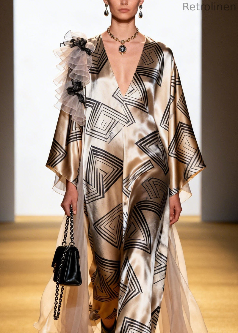 Boutique V Neck Ruffled Patchwork Print Silk Dress Spring