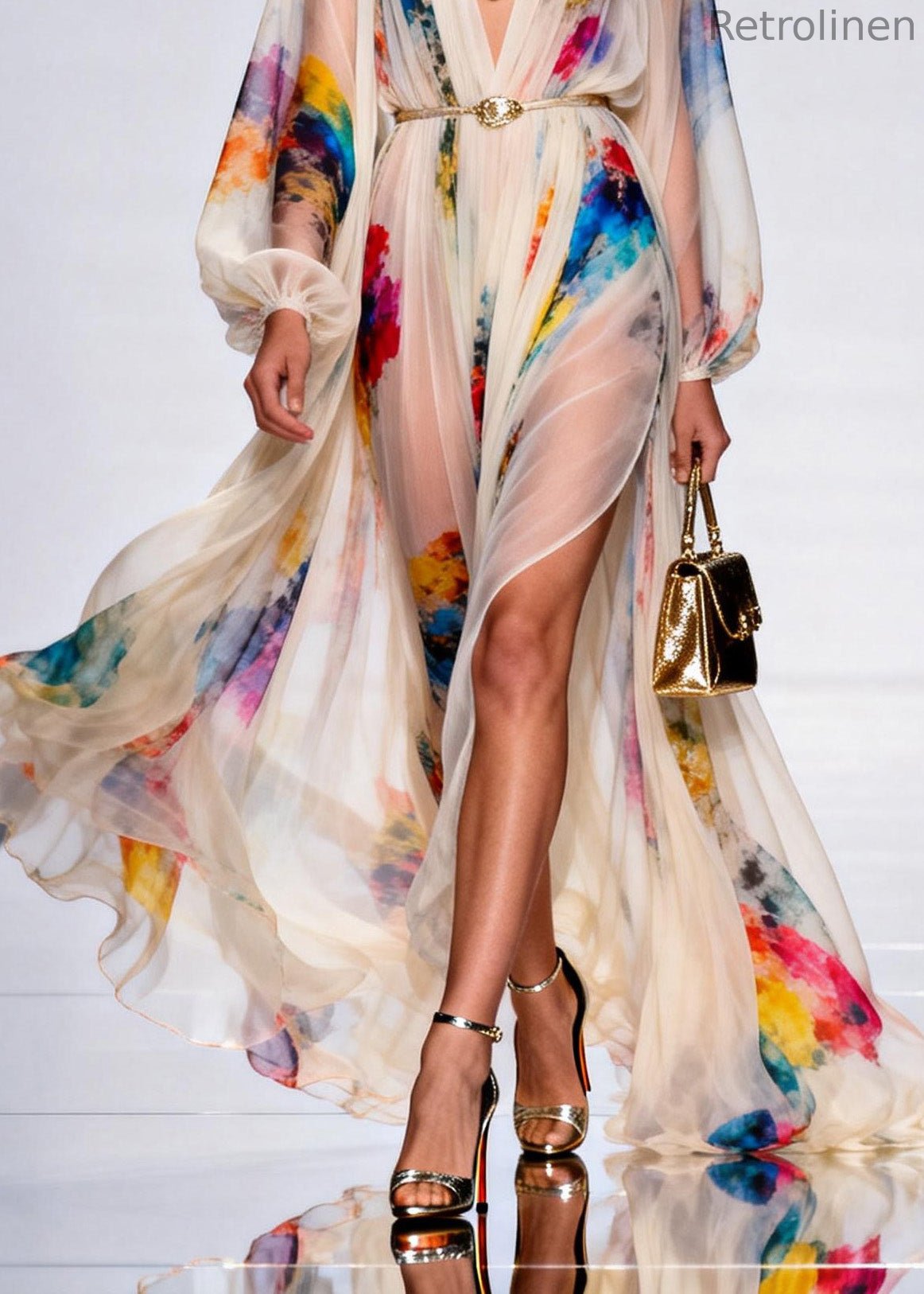 V Neck Side Open Print Cotton Robe Dresses Spring