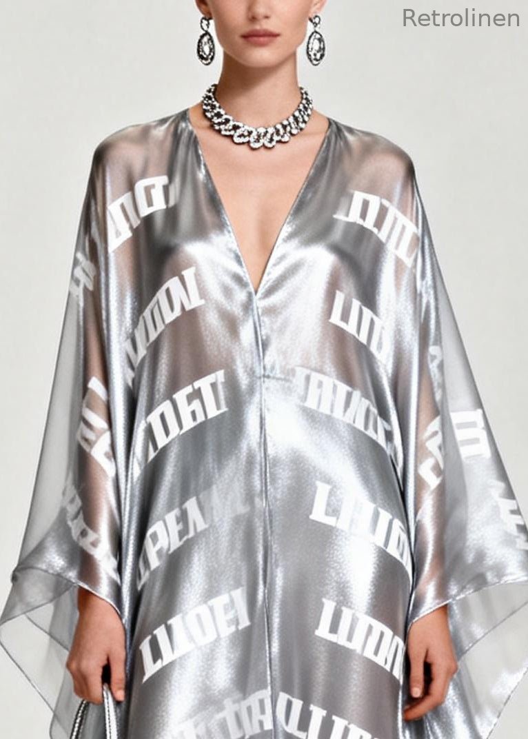 Diy Silvery Oversized Letter Print Chiffon Maxi Dress Summer