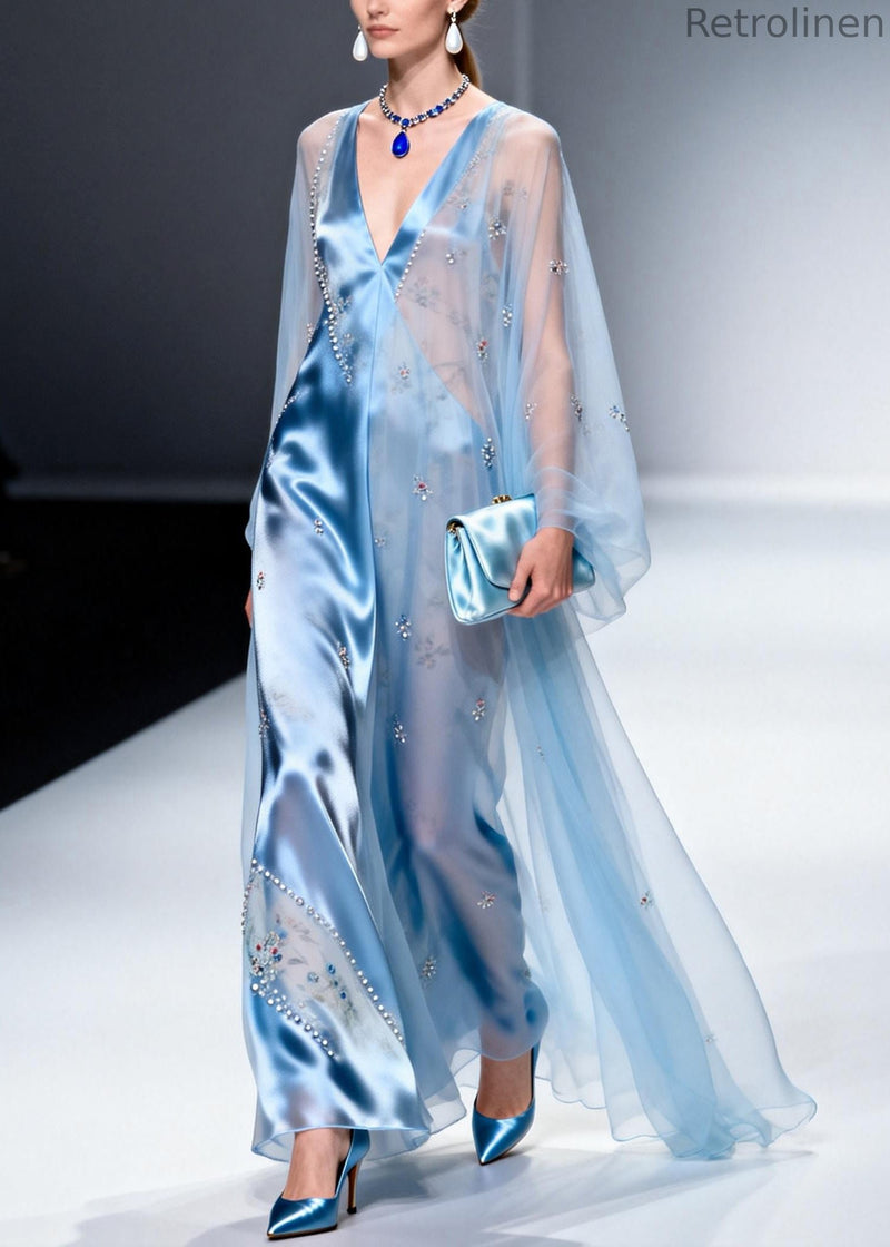 Sky Blue Patchwork Chiffon Party Dress Handmade Zircon Summer