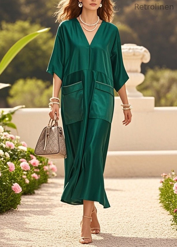 Green V Neck Pockets Patchwork Silk Dresses Summer