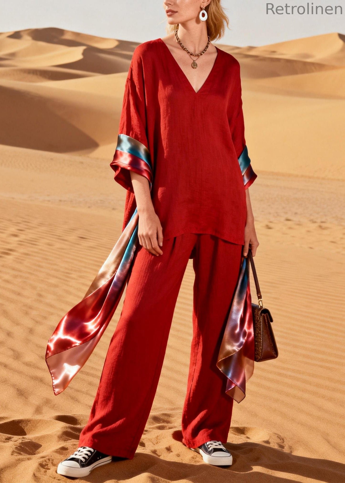 Handmade Red V Neck Patchwork Linen Silk Two Piece Set Clothing Summer