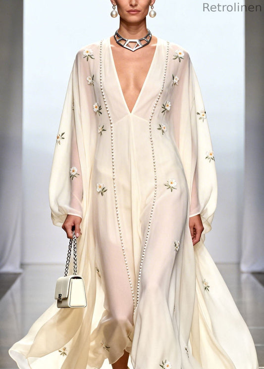 White V Neck Zircon Chiffon Dresses Spring