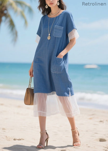 Style Denim Blue Oversized Patchwork Tulle Straight Dress Summer