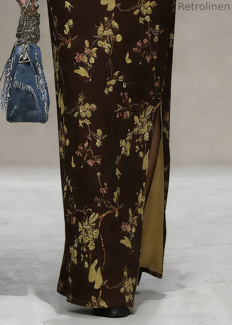 Coffee Print Side Open Silk Velvet Skirts High Waist