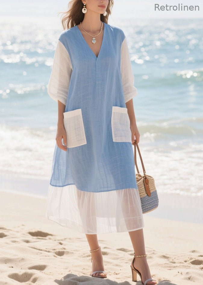 Italian Blue Oversized Patchwork Cotton Holiday Dress Summer