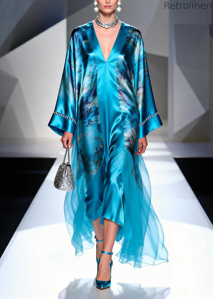 Blue V Neck Print Zircon Silk Long Dress Spring