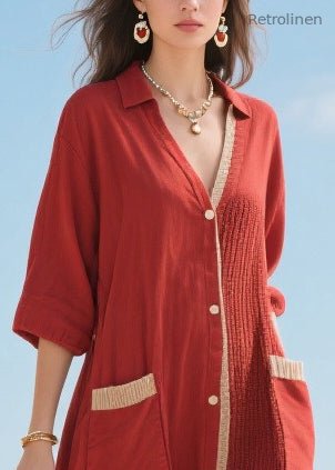 Organic Red Asymmetrical Patchwork Cotton Maxi Dresses Half Sleeve
