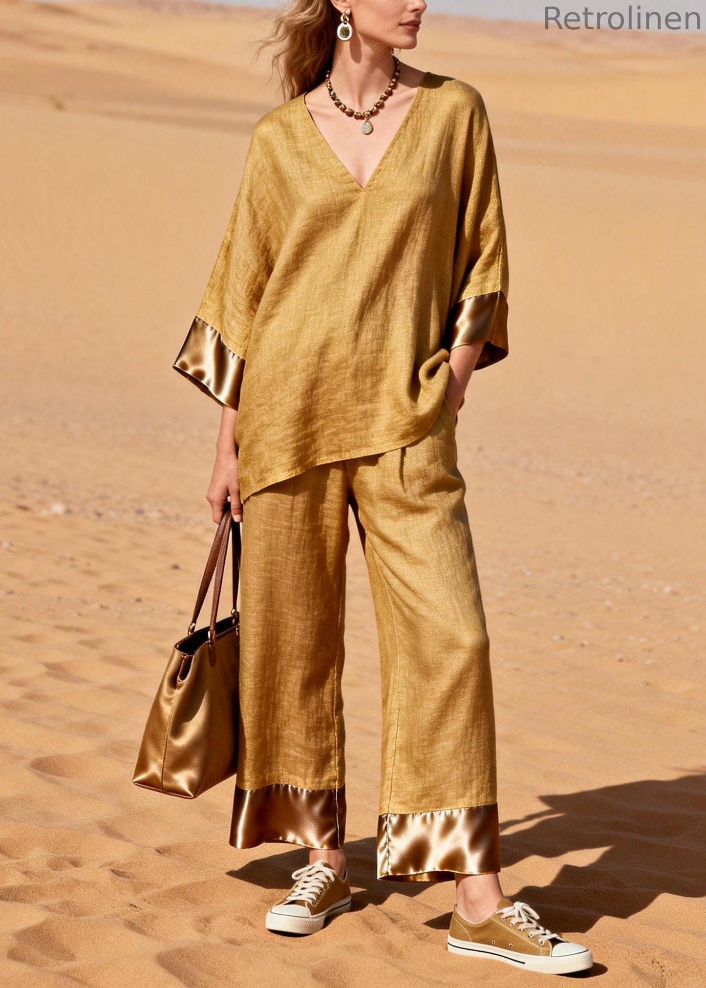 Art Yellow Oversized Patchwork Linen Two Pieces Set Spring