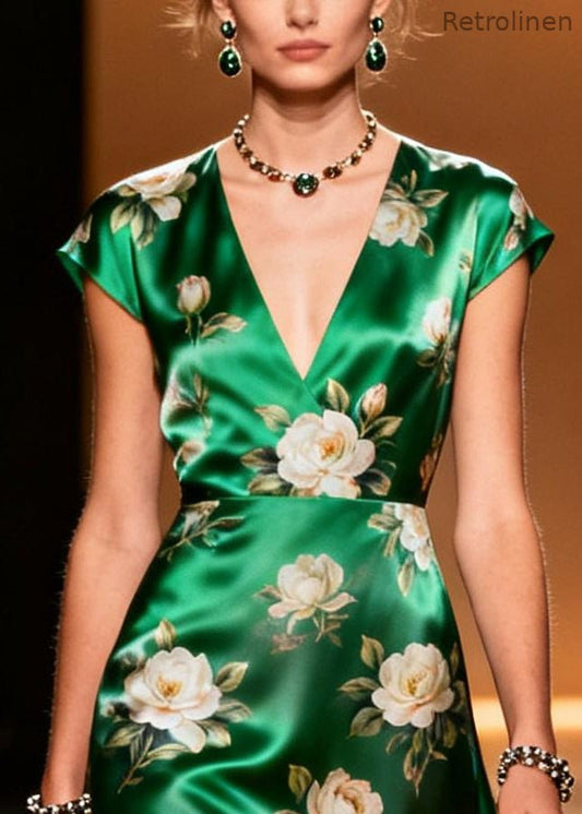 Art Grass Green V Neck Patchwork Flower Print Silk Party Dress Summer