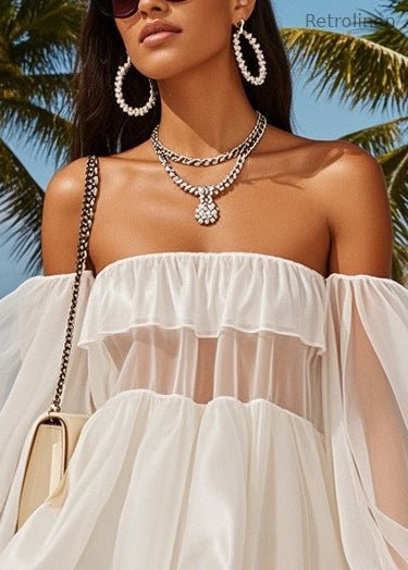 White Cold Shoulder Patchwork Tulle Tea Strapless Dress Summer
