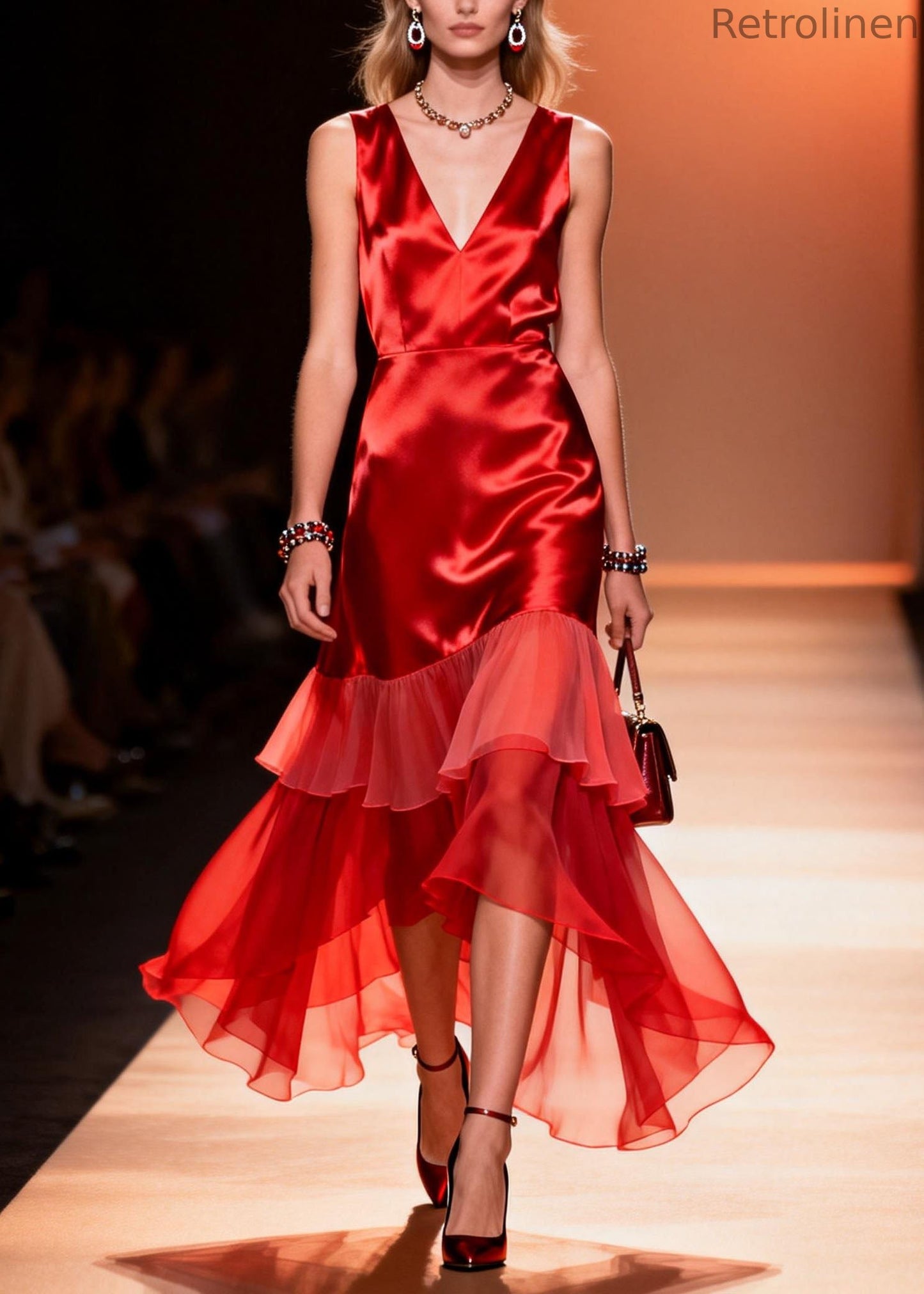 Red V Neck Ruffled Patchwork Silk Dresses Summer