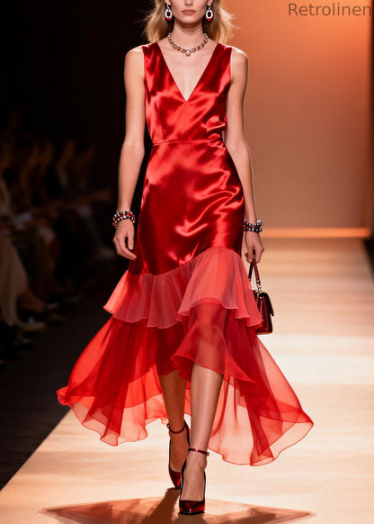 Red V Neck Ruffled Patchwork Silk Dresses Summer