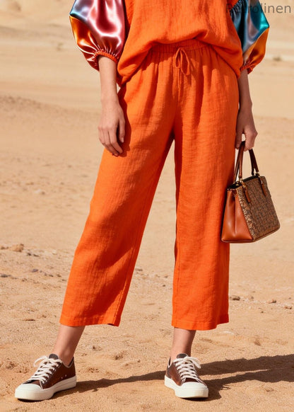 Orange V Neck Patchwork Linen 2 Piece Outfit Lantern Sleeve