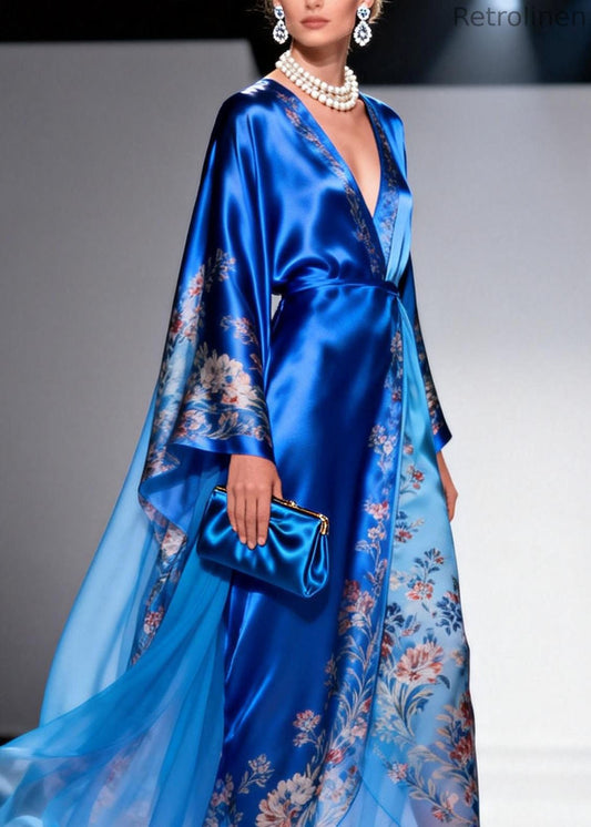 Blue V Neck Print Patchwork Chiffon Dress Spring