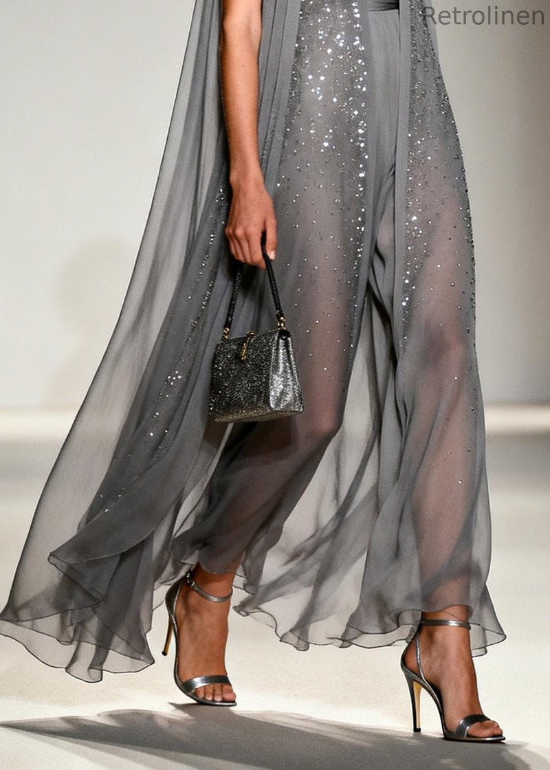 Grey Sparkling Zircon Draping Chiffon Dress Two Piece Set Sleeveless