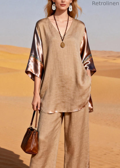 Handmade V Neck Patchwork Linen Silk Two Pieces Set Summer