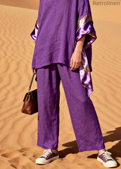Purple V Neck Silk Patchwork Linen Two Pieces Set Summer
