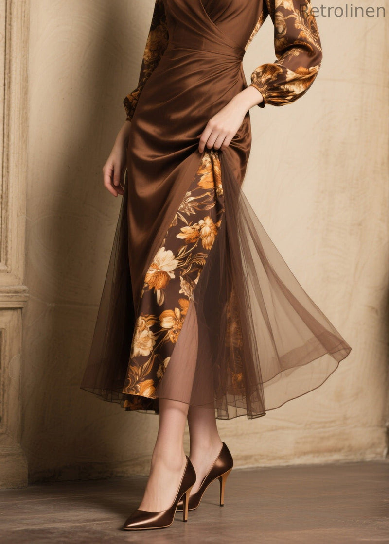 New V Neck Print Tulle Patchwork Silk Dress Spring