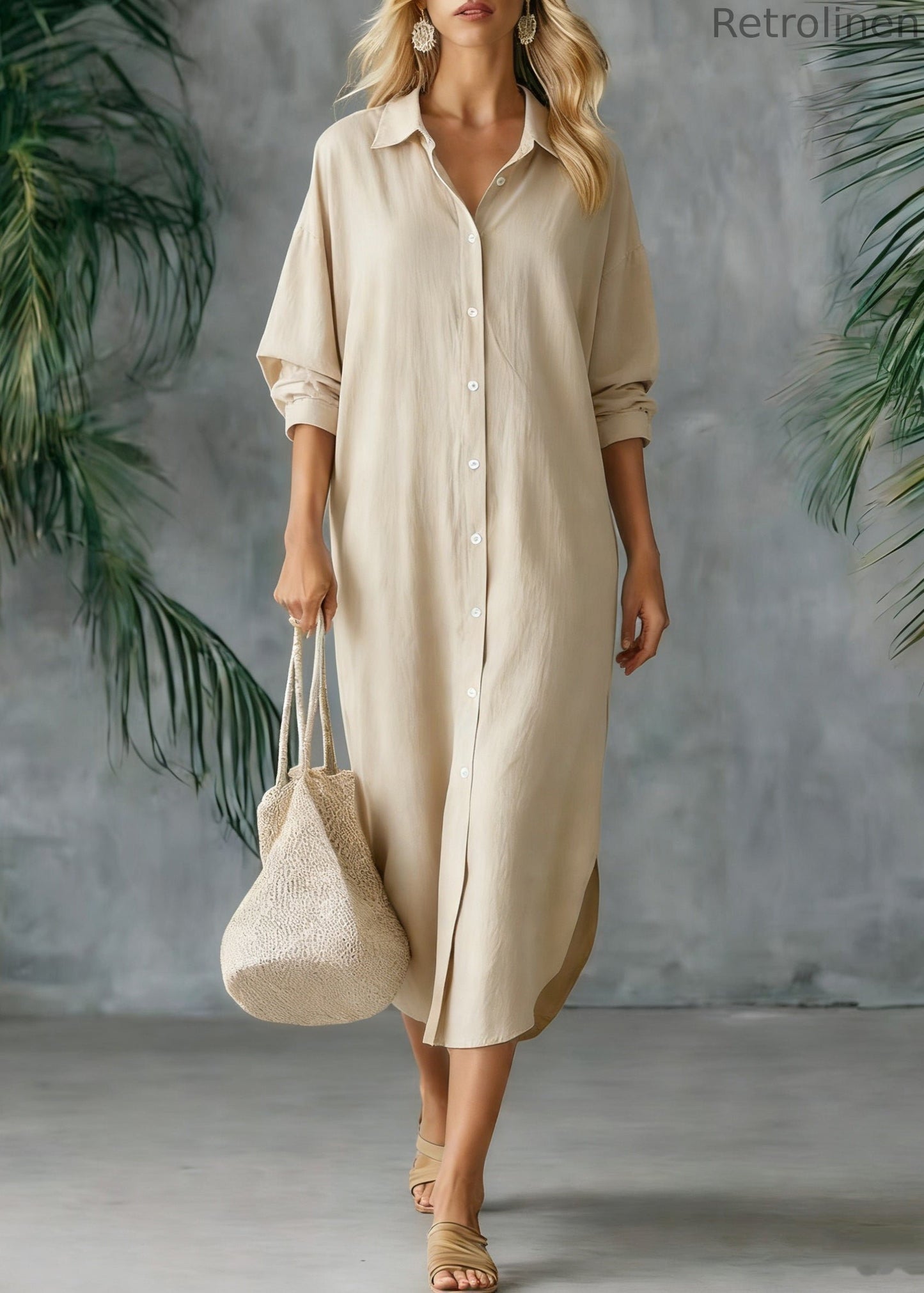 Loose White Peter Pan Collar Button Side Open Linen Shirts Dresses Spring