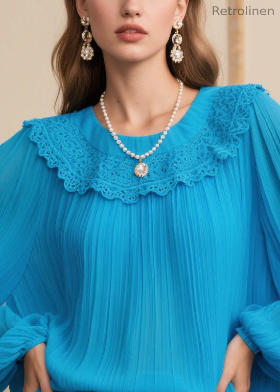 Blue Oversized Patchwork Lace Chiffon Pleated Blouses Spring