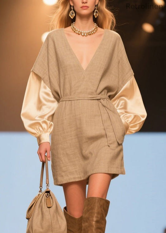 V Neck Patchwork Linen Silk Mid Dresses Spring