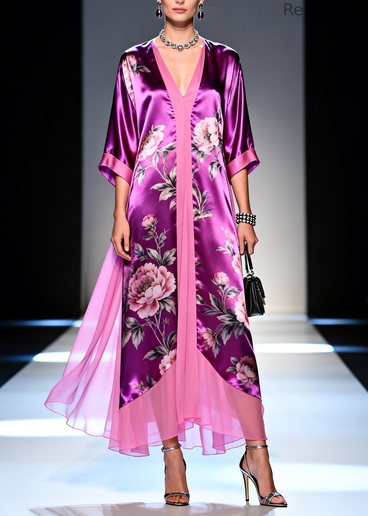 Modern Purple Flower Print Patchwork Silk Long Dress Summer
