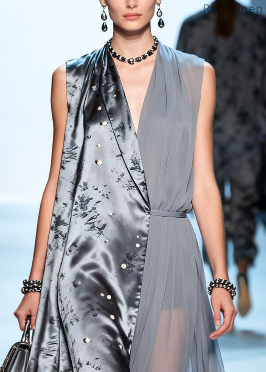 Grey Asymmetrical Patchwork Chiffon Fake Two Piece Dress Summer