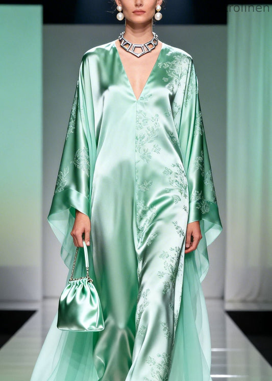 Classy Light Green V Neck Print Silk Long Dress Spring