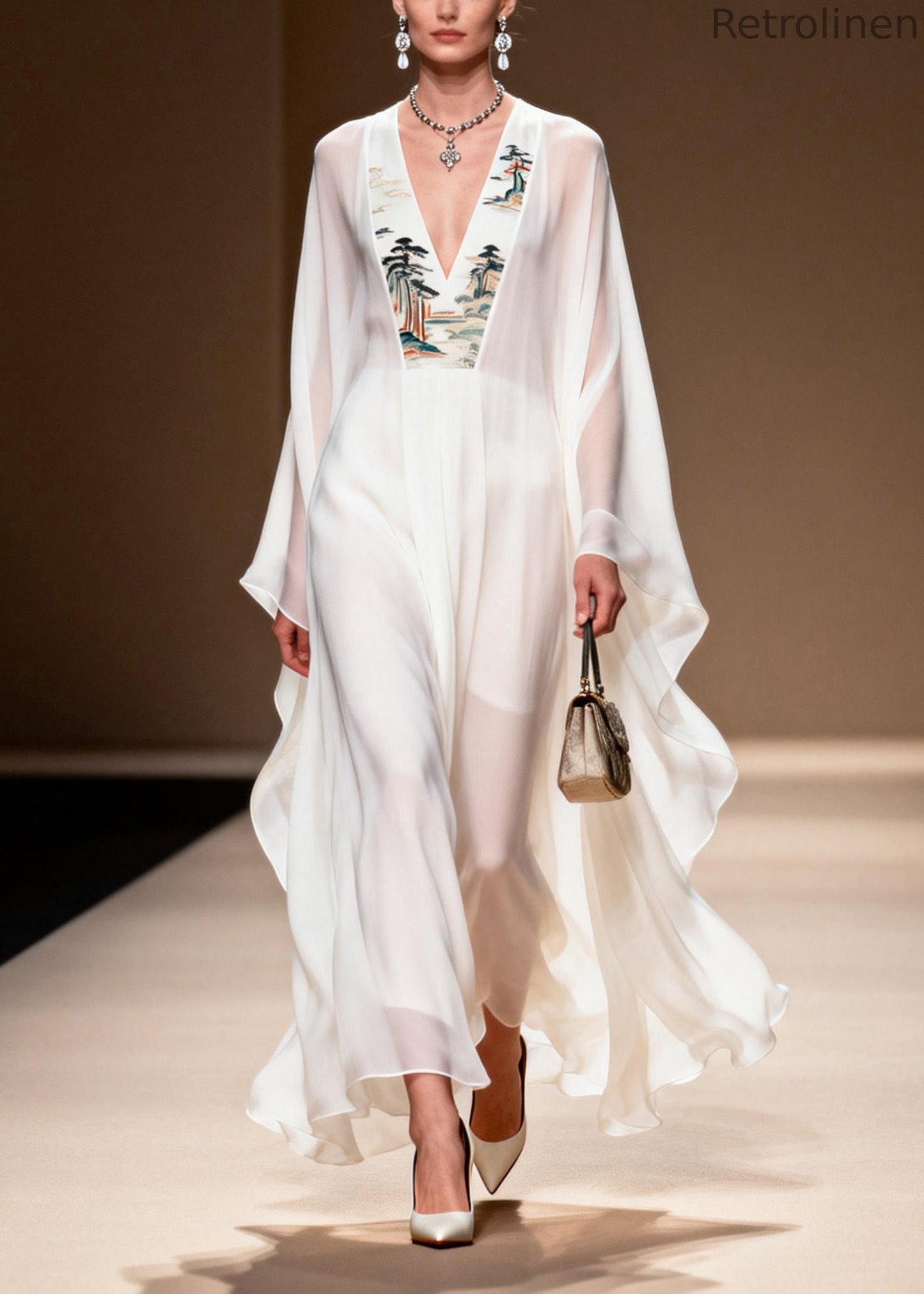 White V Neck Print Patchwork Chiffon Dress Spring