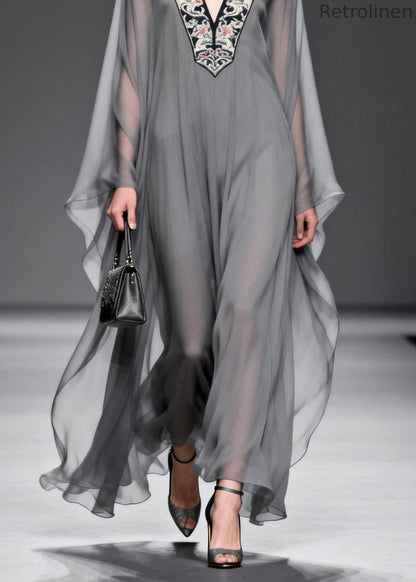 Grey V Neck Print Patchwork Chiffon Maxi Dresses Spring