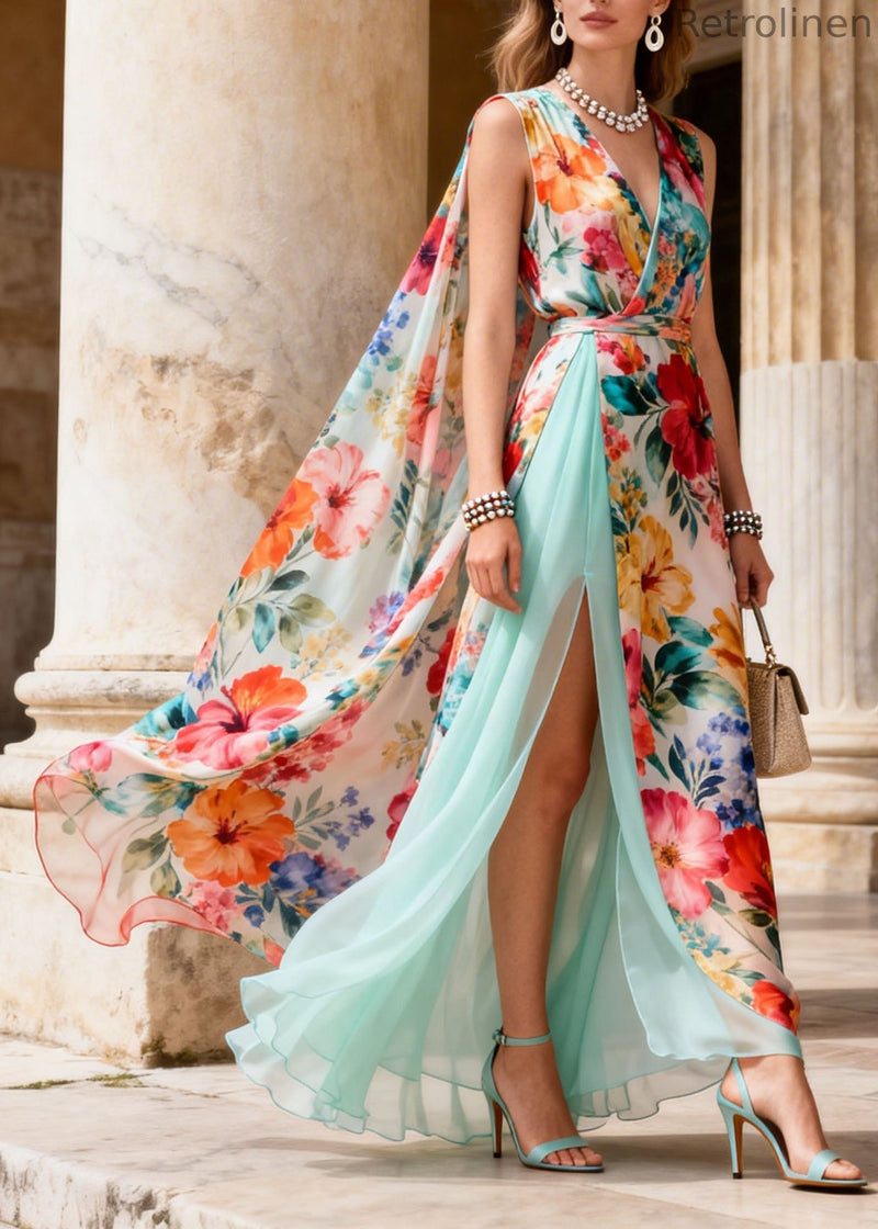 French V Neck Print Side Open Patchwork Chiffon Dresses Summer