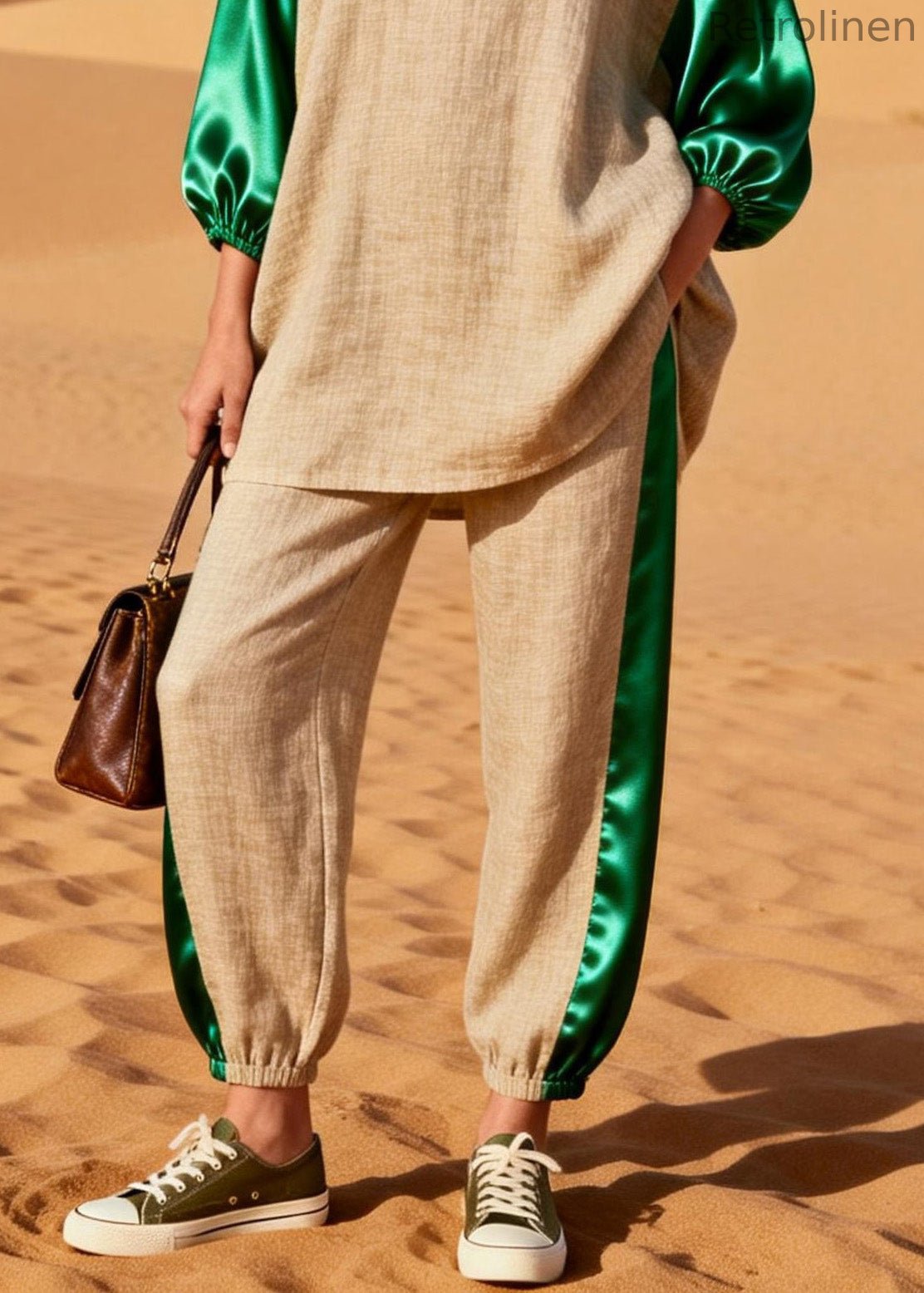 Loose Colorblock Silk Patchwork Linen Two Pieces Set Spring