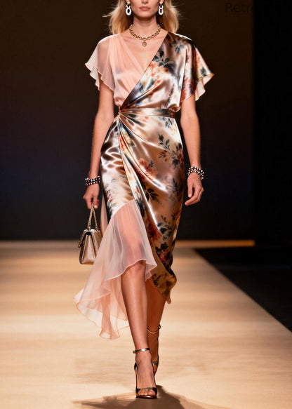 Classy V Neck Print Asymmetrical Patchwork Silk Dress Summer