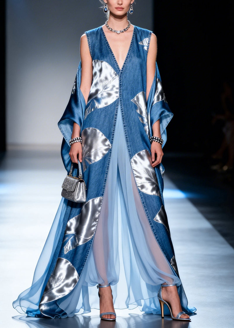 Blue Print Patchwork Exra Large Hem Denim a Line Dresses Summer