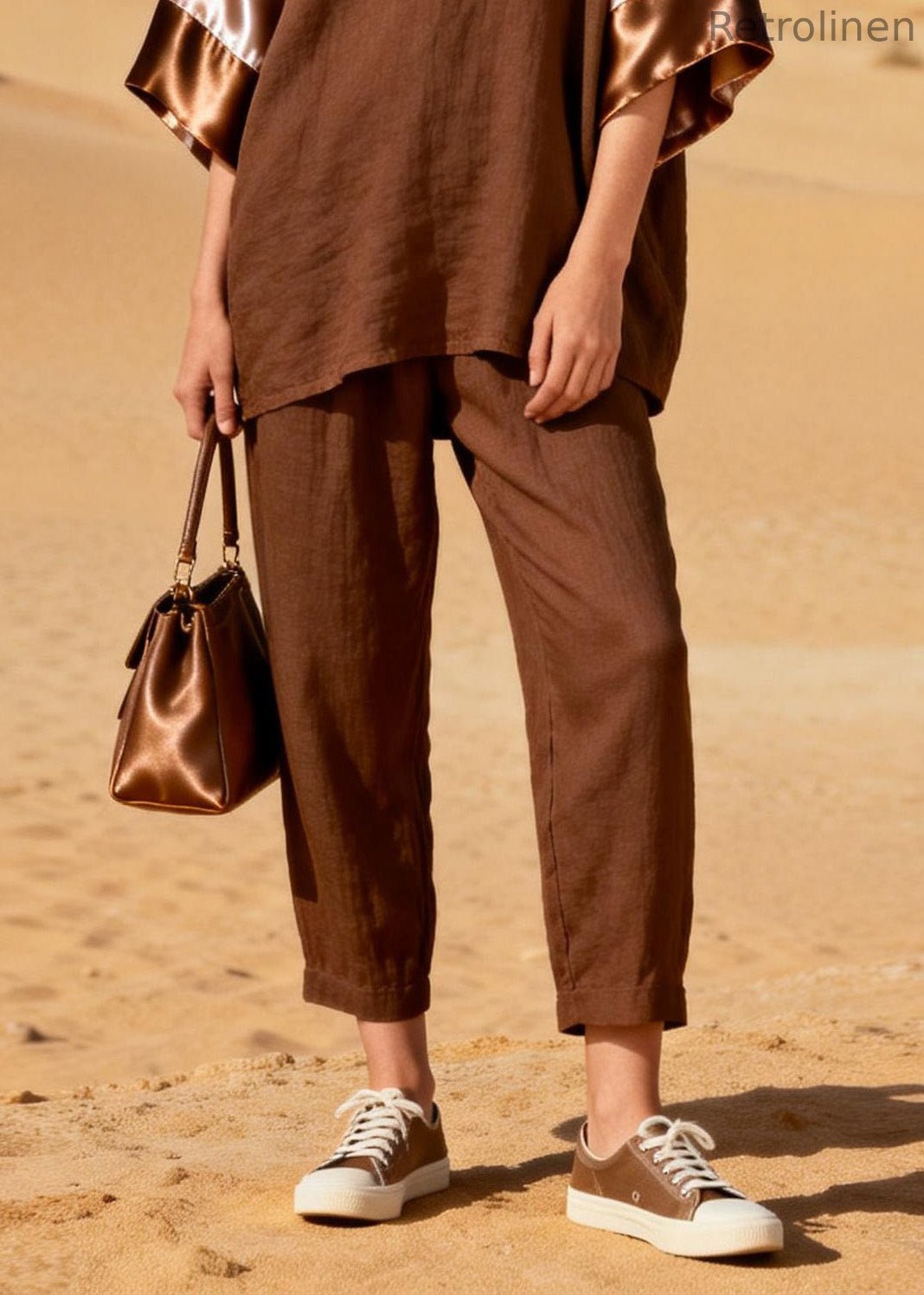 Coffee V Neck Patchwork Linen Silk Two Piece Set Spring