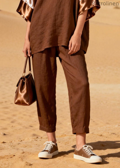 Coffee V Neck Patchwork Linen Silk Two Piece Set Spring