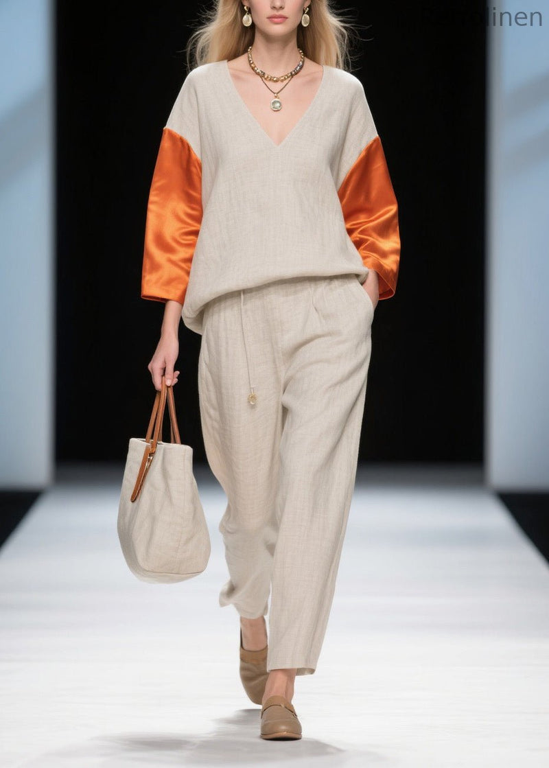 New Colorblock V Neck Patchwork Linen Silk Two-piece Set Spring